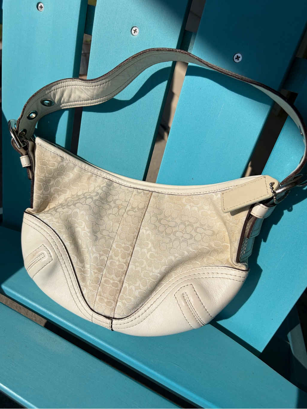 Vintage 90 Coach Soho Shoulder Bag White Silver Signature Monogram Leather Purse